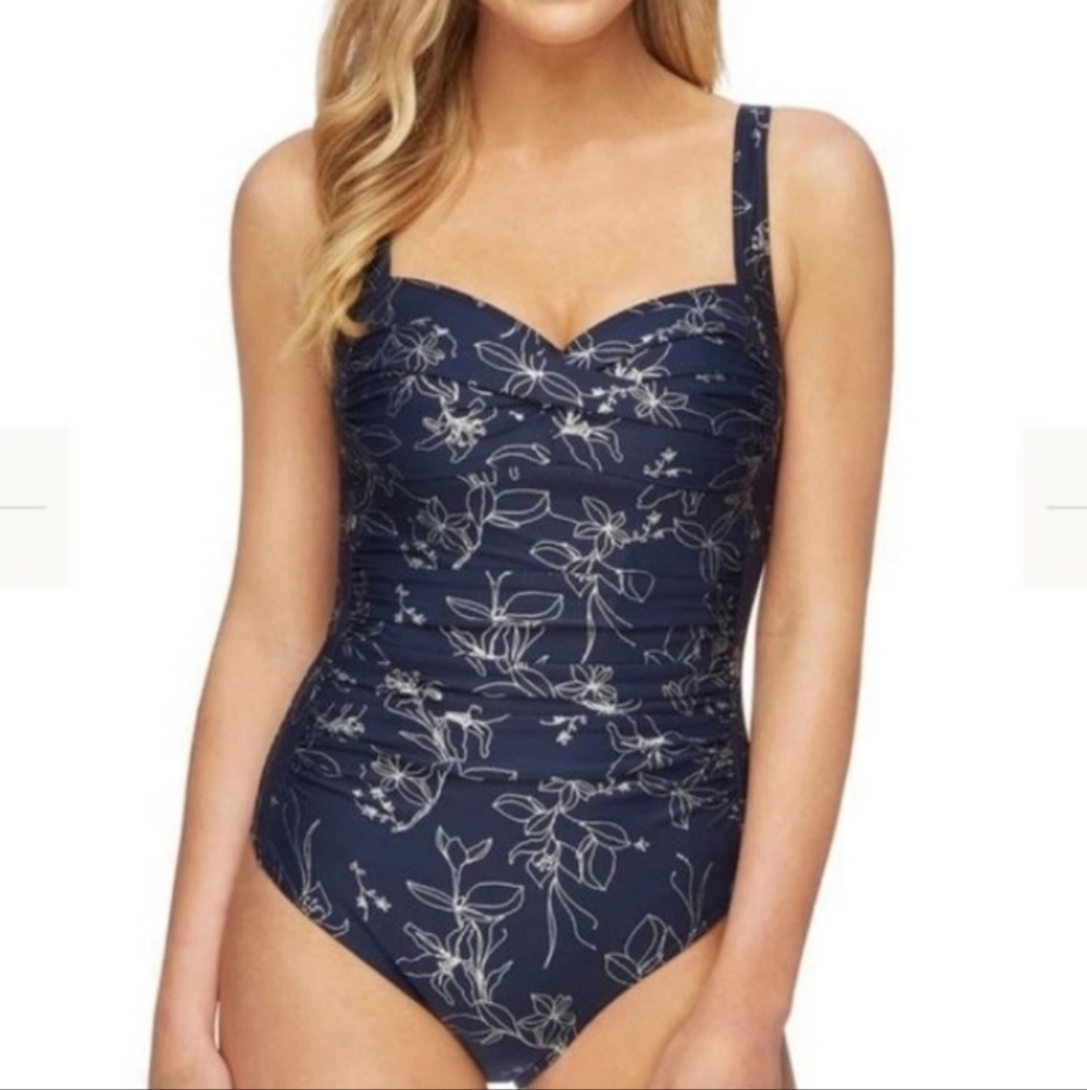 NIP TUCK SWIM Garden Line Foil Tummy Control One Piece Swimsuit Navy Size 4